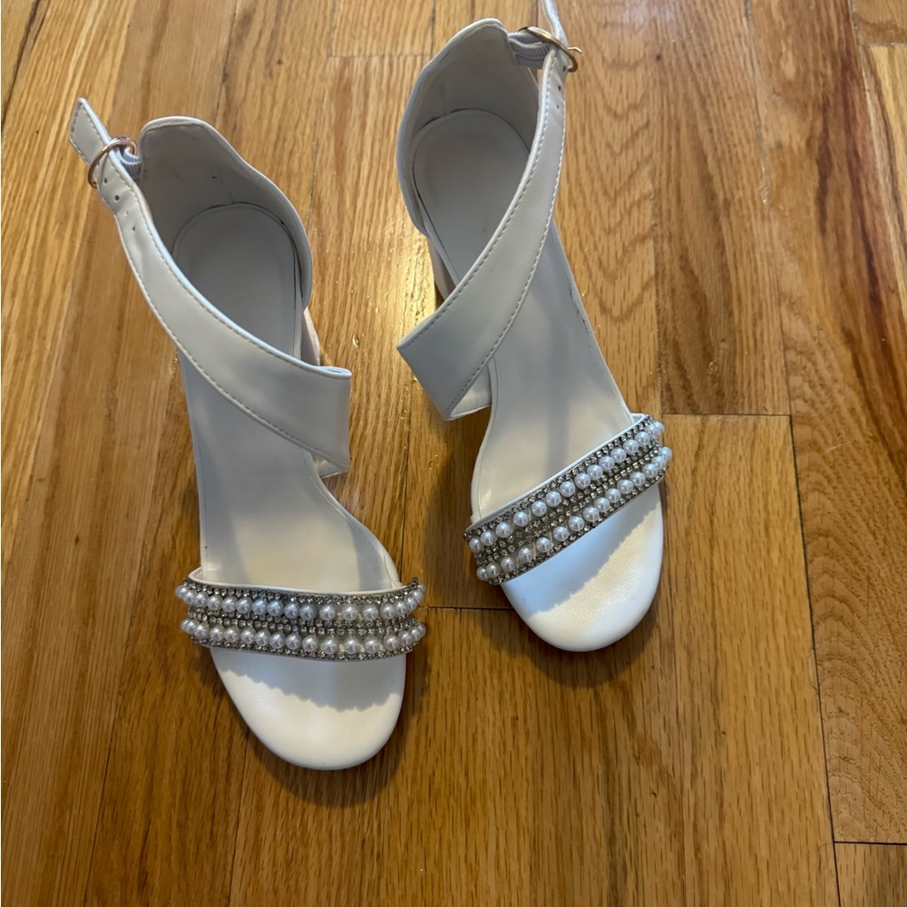 Beaded white block heels
